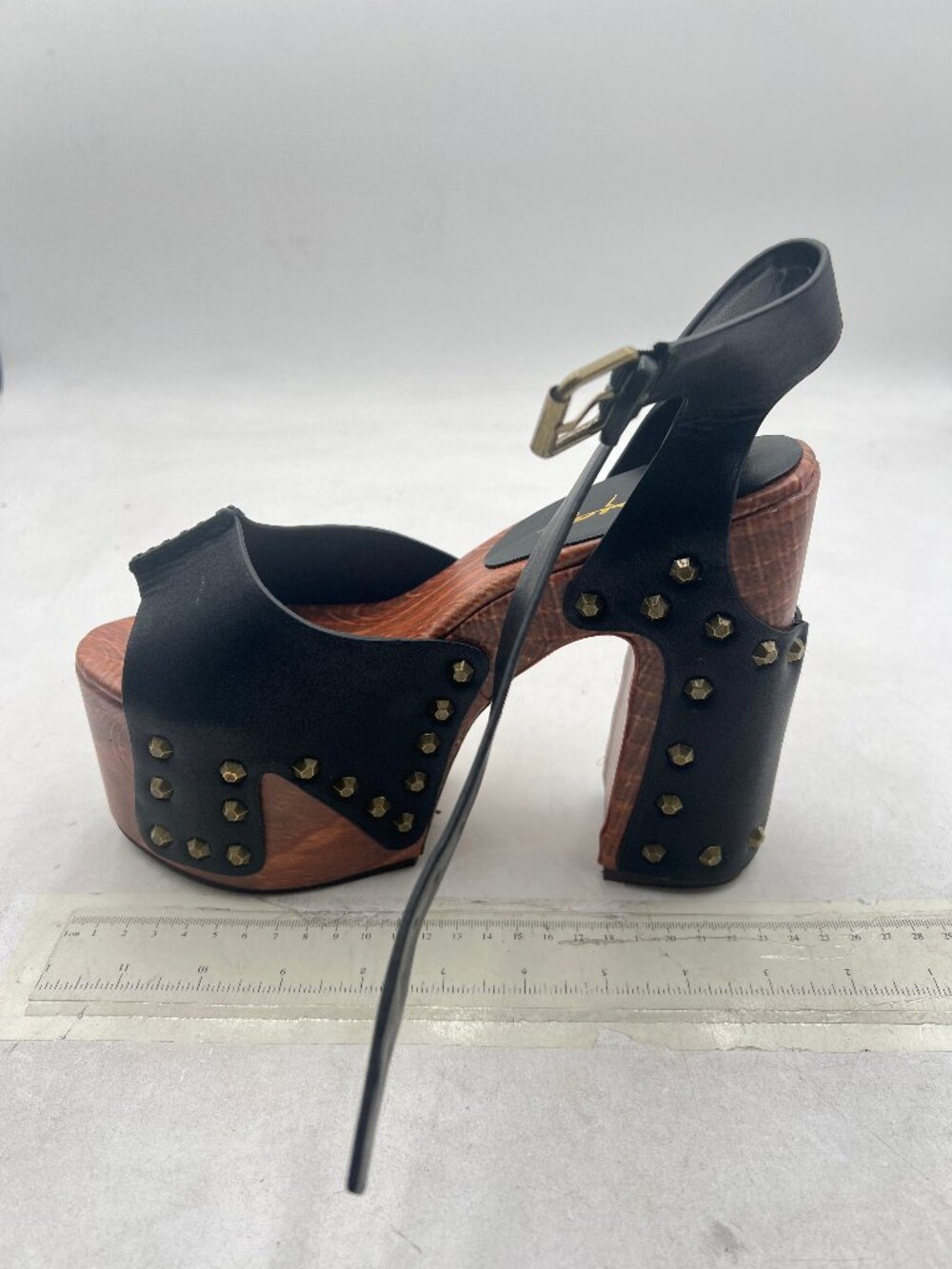 XYD Black Wooden Chunky Heel Sandals Platform Bronzed Studs Open Toe Buckle Shoe - Picture 2 of 8